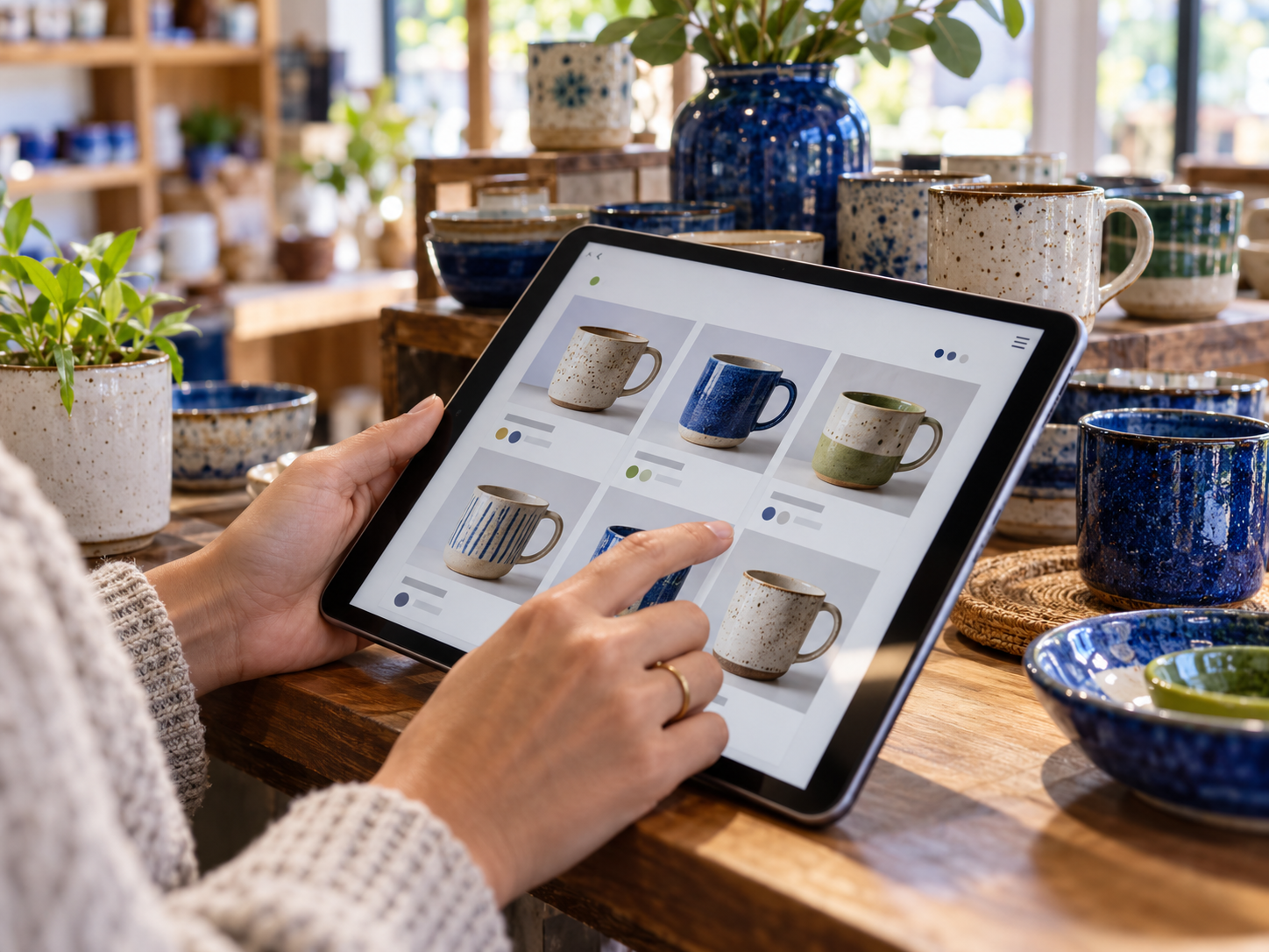 Una persona recorre un catálogo de cerámicas desde una tablet en un comercio